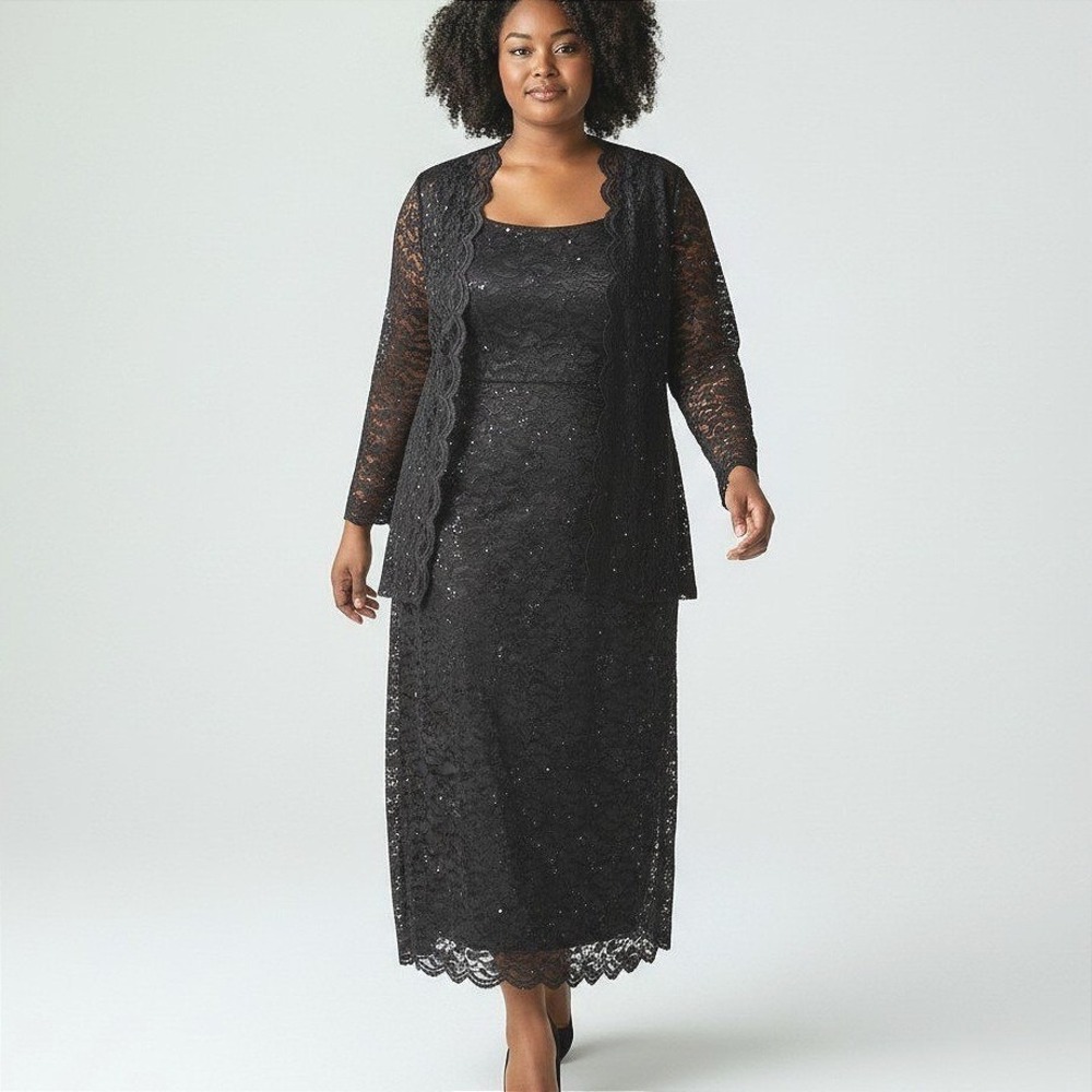 Alex Evenings Womens Black Lace Sequin 2 Piece Dress Jacket Set 18W Formal Gown
